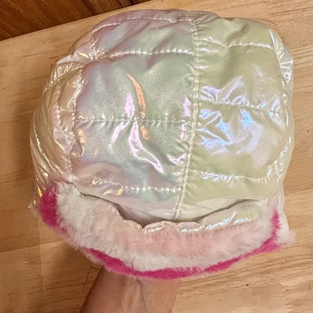 Juicy Couture Baby glam iridescent white plush cap hat head covering